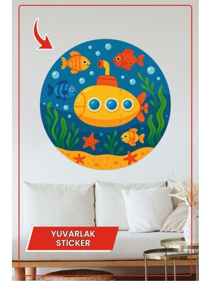 KOSS Dijital Sarı Denizaltı Yuvarlak Sticker Renkli Balıklar ve Mercanlarla Su Altı Macera Çıkartması