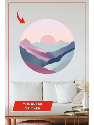 KOSS Dijital Pembe Mavi Dağlar Yuvarlak Sticker Modern Minimal Manzara Tarzı Dekoratif Çıkartma Ev Ofis