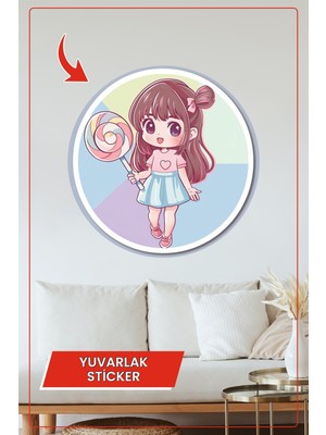 KOSS Dijital Lolipop Tutan Tatlı Kız Yuvarlak Sticker Çocuk Odası Dekoru Renkli Sevimli Tasarım