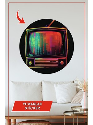KOSS Dijital Renkli Retro Televizyon Tasarımlı Yuvarlak Sticker Duvar Dekoru Ev Ofis Çocuk Odası Için
