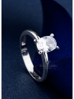 INNUENDO JEWELRY 925 Ayar Gümüş Altın Kaplama Yuvarlak Kesim Tektaş Yüzük Zirkon Taşlı Kadın Şık Klasik Yüzük