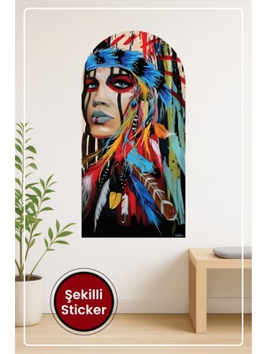 KOSS Dijital Oval Şekilli Kızılderili Kadın Renkli Etnik Portre Dekoratif Duvar Sticker Ev Ofis Salon Hol