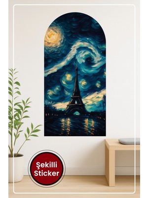 KOSS Dijital Oval Şekilli Renkli Gökyüzü Sticker Eyfel Kulesi ve Yıldızlı Gece Temalı Dekoratif Duvar Manzara