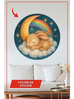 KOSS Dijital Uyuyan Tavşan Yuvarlak Sticker Gökkuşağı ve Ay Temalı Bulut Üzerinde Sevimli Dekoratif Çıkartma