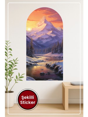 KOSS Dijital Oval Şekilli Gün Batımı Karlı Dağ Manzaralı Dekoratif Duvar Sticker Ev Ofis Için Estetik Dekor
