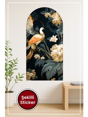 KOSS Dijital Oval Şekilli Kuşlu Çiçek Sticker Turuncu Beyaz Yapraklı Koyu Zeminli Duvar Dekoru