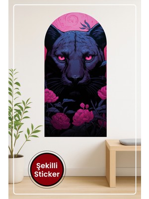 KOSS Dijital Oval Şekilli Siyah Panter Çiçekli Illüstrasyon Dekoratif Duvar Sticker Modern Ev Ofis Atmosferi