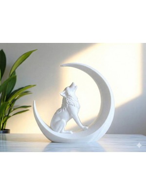Sora Design Ay Üzerinde Uluyan Kurt Figürlü Dekoratif Masa ve Raf Süsü
