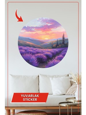 KOSS Dijital Lavanta Bahçesi Gün Batımı Manzaralı Yuvarlak Sticker Pembe Mor Tonlarda Duvar Dekoru