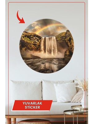 KOSS Dijital Gökkuşağı ve Şelale Manzaralı Yuvarlak Sticker Doğa Temalı Dekoratif Duvar Süsü