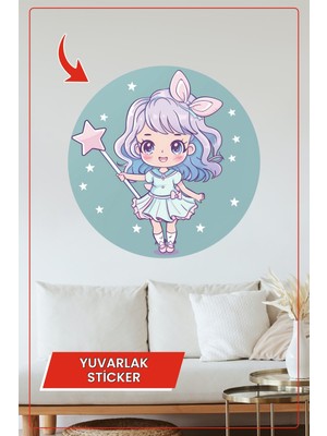 KOSS Dijital Sihirli Değnek Tutan Sevimli Kız Karakter Temalı Yuvarlak Sticker Duvar Dekoru Ev Ofis Için