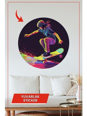 KOSS Dijital Neon Kaykaycı Tasarımlı Yuvarlak Sticker Duvar Dekoru Ev Ofis Oyun Alanı Için