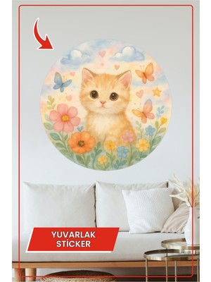 KOSS Dijital Sevimli Kedi ve Kelebekler Yuvarlak Sticker Çiçekli Pastel Temalı Dekoratif Çıkartma Çocuk Odası