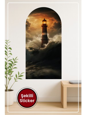 KOSS Dijital Oval Şekilli Fırtınalı Deniz Feneri Sticker Dramatic Dalgalar ve Işık Temalı Dekoratif Duvar Manzara