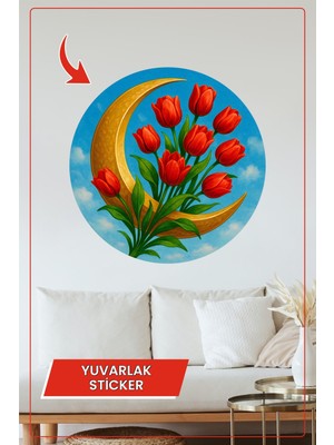 KOSS Dijital Hilal Ay Lale Tasarımlı Yuvarlak Sticker Dekoratif Çıkartma Duvar Ev Ofis Bahar Gökyüzü