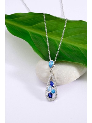 925 Ayar Gümüş Mavi Damla Motifli Farklı Kesim & Farklı Renkli Taşlı Kolye