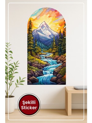 KOSS Dijital Oval Şekilli Dağ Orman Şelale Manzaralı Dekoratif Duvar Sticker Modern Ev Ofis Iç Mekân Tasarımı