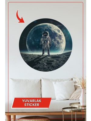 KOSS Dijital Astronot ve Ay Manzaralı Yuvarlak Sticker Uzay Temalı Dekoratif Çıkartma Ev Ofis Duvar Dekoru