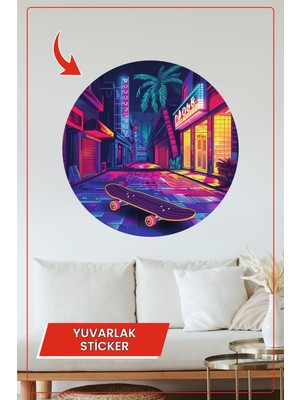 KOSS Dijital Neon Palmiye Sokak Kaykay Tasarımlı Yuvarlak Sticker Modern Duvar Dekoru Ev Ofis Aksesuarı