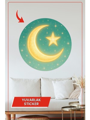 KOSS Dijital Hilal Ay Yıldız Gece Yuvarlak Sticker Dekoratif Çıkartma Duvar Çocuk Odası Masalsı Tasarım
