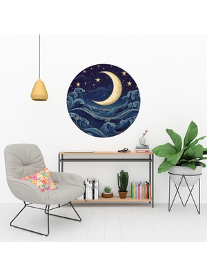 KOSS Dijital Soyut Gece Manzarası Yuvarlak Sticker, Yuvarlak Şekilli Sticker, Ay ve Yıldız Duvar Dekoru