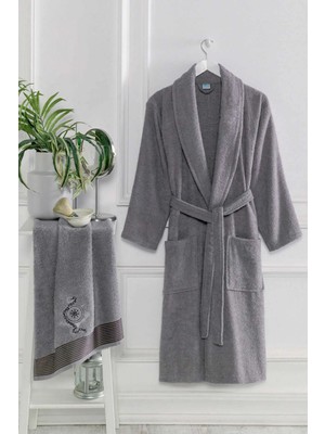 Mira Home 4 Parça Aile Bornoz Seti Kadın Erkek Havlulu Bornoz Takımı 100 Pembe Gri