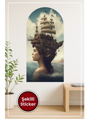 KOSS Dijital Deniz ve Kadın Figürü Oval Şekilli Duvar Sticker Hayal Gücü Yüksek Sanatsal Tasarım