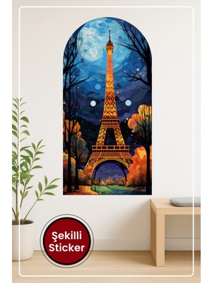 KOSS Dijital Oval Şekilli Vitray Eyfel Kulesi Sticker Gece Işıkları Temalı Dekoratif Duvar Manzara