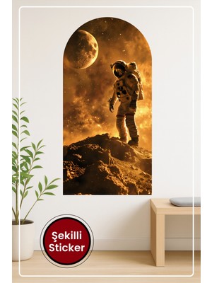 KOSS Dijital Oval Şekilli Astronot Figürü Gezegen ve Yıldızlı Turuncu Sarı Uzay Temalı Duvar Sticker