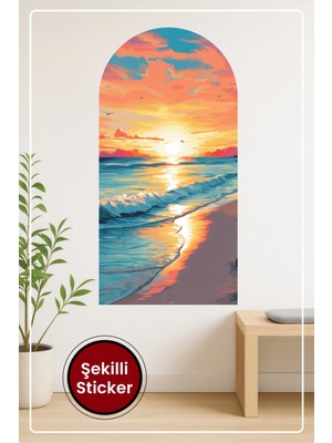 KOSS Dijital Oval Şekilli Gün Batımı Sahil Manzaralı Dekoratif Duvar Sticker Ev Ofis Için Modern Süs
