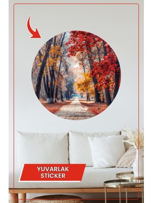 KOSS Dijital Sonbahar Renkleriyle Orman Yolu Temalı Yuvarlak Sticker Modern Duvar Dekoru