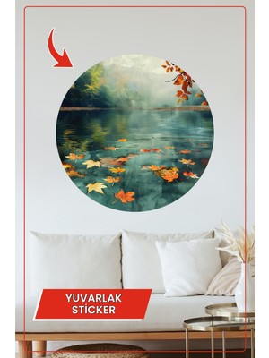 KOSS Dijital Sonbahar Yaprakları ve Göl Yansımaları Yuvarlak Sticker Dekoratif Doğa Temalı Duvar Süsü