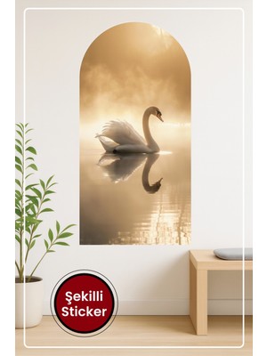 KOSS Dijital Oval Şekilli Kuğu Manzaralı Sticker Gün Doğumu Tonlarında Sarı Turuncu Doğal Sanatsal Duvar Sticker