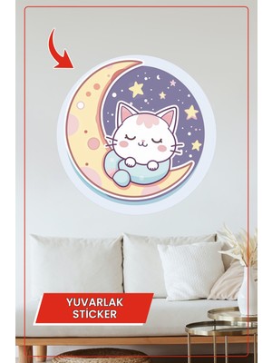 KOSS Dijital Ay Üzerinde Uyuyan Kedi Temalı Yuvarlak Sticker, Pastel Renkli Bebek Odası Duvar Dekoru