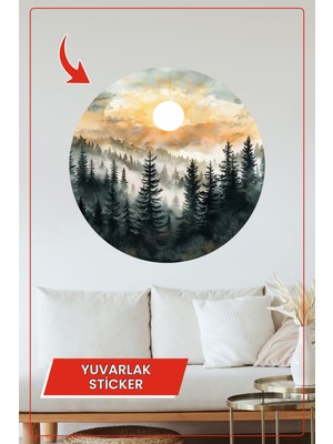 KOSS Dijital Sisli Orman Yuvarlak Sticker Güneşli Manzara Suluboya Tarz Dekoratif Çıkartma Ev Ofis Duvar Dekoru