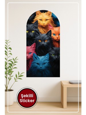 KOSS Dijital Oval Şekilli Soyut Renkli Sevimli Kediler Dekoratif Duvar Sticker Ev Ofis Salon Hol Çocuk Odası