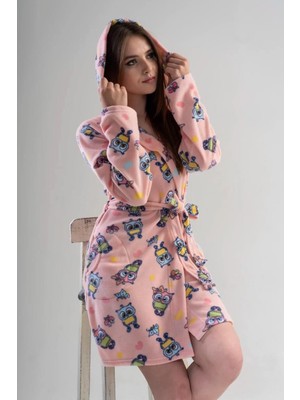 Vienetta 703 Neşeli Desenler Kapüşonlu Kısa Polar Sabahlık