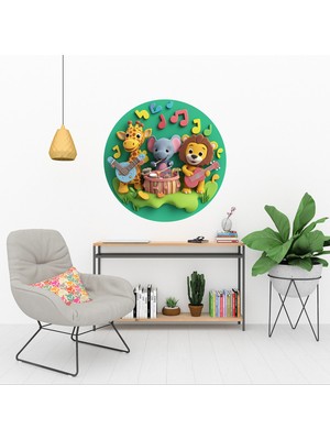 KOSS Dijital Müzisyen Sevimli Hayvanlar Yuvarlak Sticker, Yuvarlak Şekilli Sticker, Çocuk Odası Duvar Dekoru