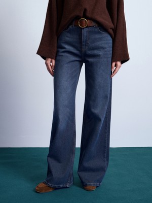 Dilvin Kadın Wide Leg Jean Mavi %100 Pamuk Denim 72122 Modeli Rahat Kesim