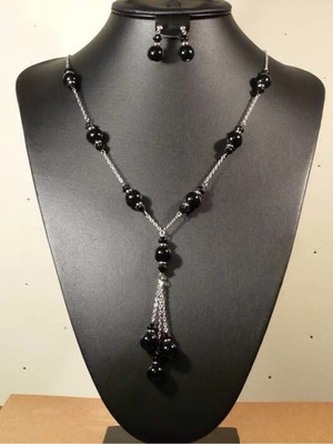 Shiklik Zarif Siyah Inci Zincir Kadın Takı Seti Küpe Kolye