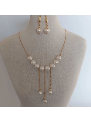 Shiklik Altın Renk Inci Zincir Kadın Takı Seti Kolye Küpe