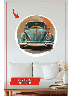 KOSS Dijital Retro Klasik Araba Yuvarlak Sticker Turuncu ve Mavi Eskitme Tasarımlı Dekoratif Çıkartma Ev Ofis