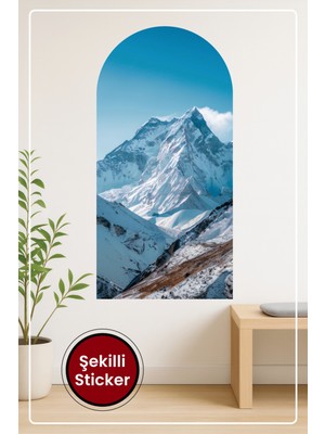 KOSS Dijital Oval Şekilli Manzara Sticker Kar Tepeli Dağ ve Açık Gökyüzü Temalı Duvar Sticker