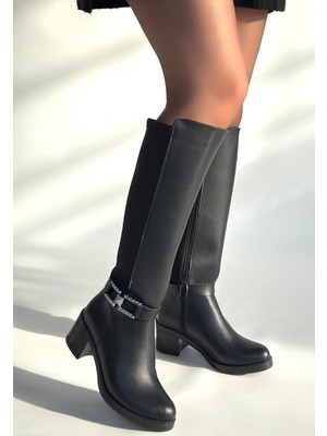 Zerenyus Emx Premium Siyah Streçli Topuklu Fermuarlı Çizme