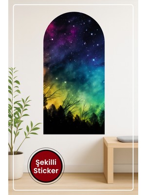 KOSS Dijital Oval Şekilli Renkli Gökyüzü Sticker Yıldızlı Gece ve Orman Silüeti Temalı Dekoratif Duvar Manzara