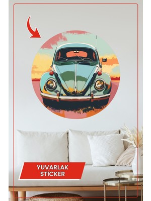 KOSS Dijital Retro Klasik Araba Yuvarlak Sticker Renkli Manzaralı Dekoratif Çıkartma Ev Ofis