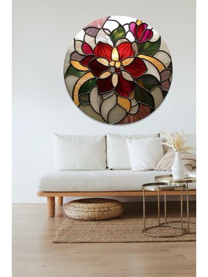 KOSS Dijital Vitray Çiçek Deseni Yuvarlak Sticker, Yuvarlak Şekilli Sticker, Modern Soyut Renkli Duvar Dekoru