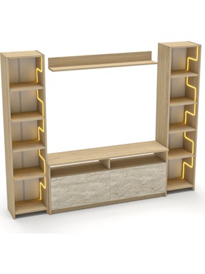 PlatinReyon Labirent Ledli Duvar Tv Ünitesi Traverten Kapak