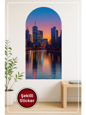 KOSS Dijital Oval Şekilli Gün Batımı Şehir Manzarası Nehir Yansımalı Modern Duvar Sticker