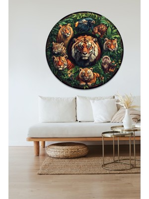 KOSS Dijital Yırtıcı Aslan Kaplan Yuvarlak Sticker, Yuvarlak Şekilli Sticker, Soyut Renkli Hayvan Duvar Dekoru